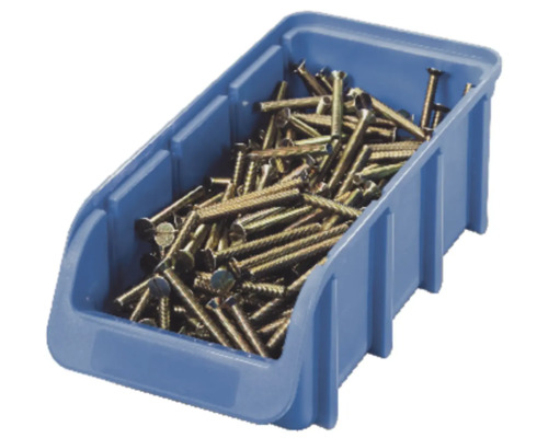 Blå förvaringslåda fylld med skruvar