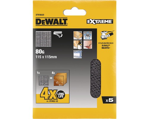 DeWalt slippnät med 80 g korn och måtten 115 x 115 mm, fempack