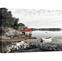 Canvastavla med sjö, båt och hus på vattnet
