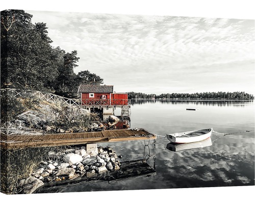 Canvastavla med sjö, båt och hus på vattnet