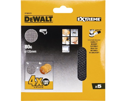 DeWalt slipnätset, korn 80, diameter 125 mm, fem stycken