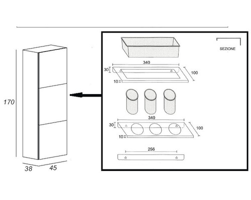 Teknisk ritning av ett badrumsskåp med dimensioner