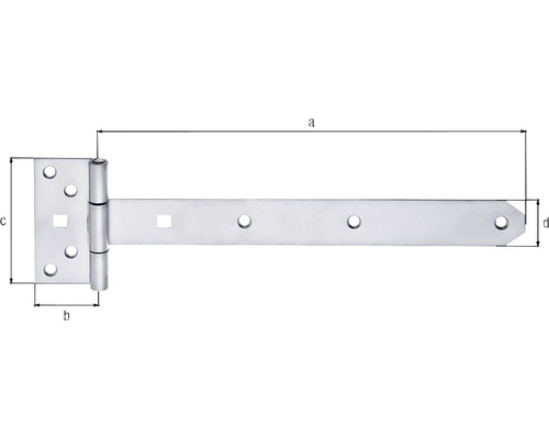 Teknisk ritning av ett T-gångjärn med mått