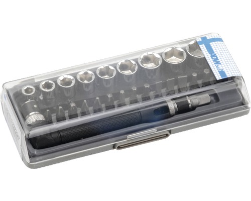 Hylsnyckelsats med bits och skruvmejsel i förvaringslåda