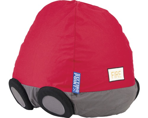 Röd sittsäck i form av en brandbil med Sitting Point-logotyp