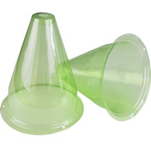 Två transparenta, koniska växtskydd av plast