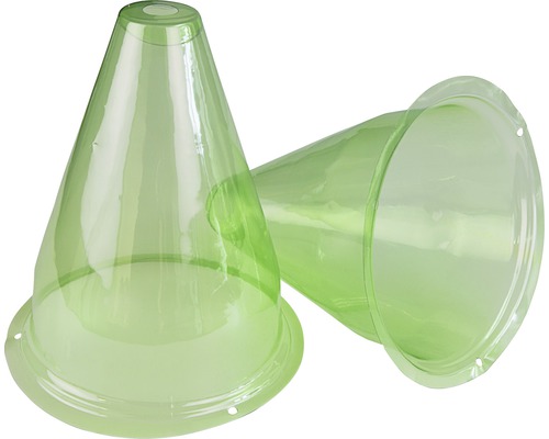 Två transparenta, koniska växtskydd av plast