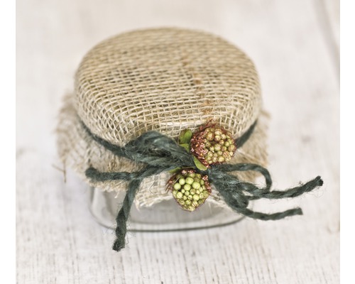 Inläggningsglas dekorerad med juteduk och rosett