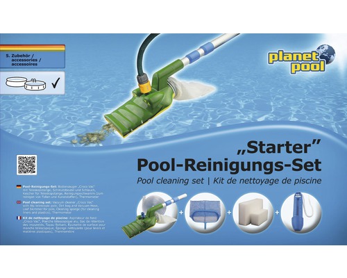 Planet Pool Starter poolrengöringset med bottensugare, teleskopstång, smutsfångare, slang, håv, rengöringssvamp och termometer