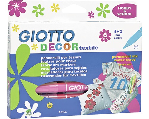 Giotto Decor textilmarkörer, set med permanent bläck och penselspets
