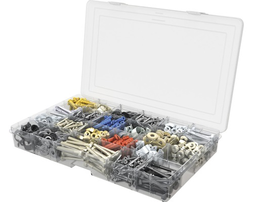 Sortimentslåda med skruvar, muttrar, pluggar och brickor