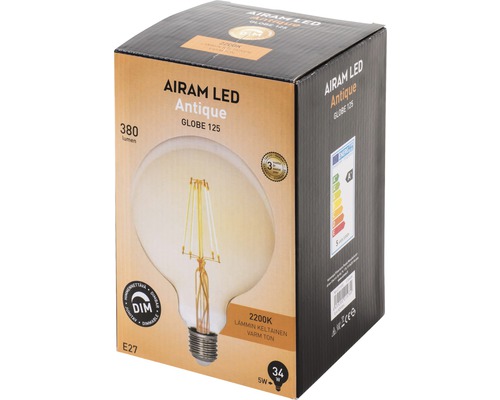 Förpackning för en dimbar Airam LED Antique Globe 125-lampa med E27-sockel, 5 watt och 380 lumen