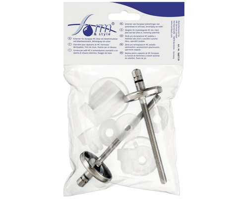 Gångjärn för toalettsitsar i duroplast med mjukstängning och snabbkoppling i plastpåse