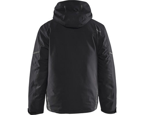 Svart arbetsjacka med huva, bakifrån.