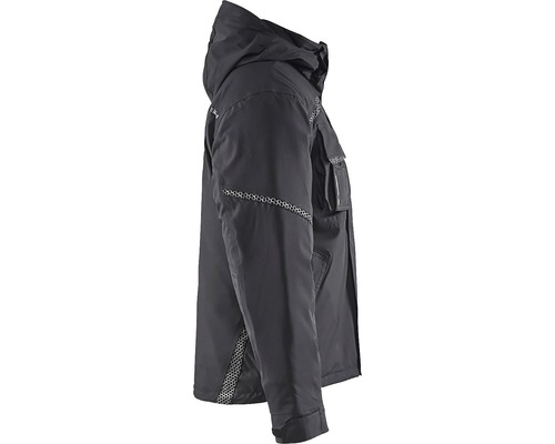 Svart arbetsjacka med huva och fickor.