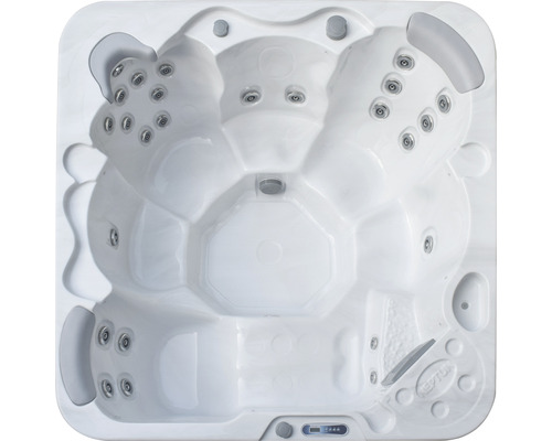 Vy ovanifrån av en bubbelpool med flera säten och jetstrålar.