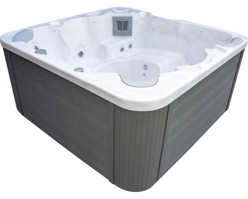 Fyrkantig bubbelpool med grått hölje och vit insida