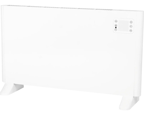 Vit radiator med digital kontrollpanel och fötter