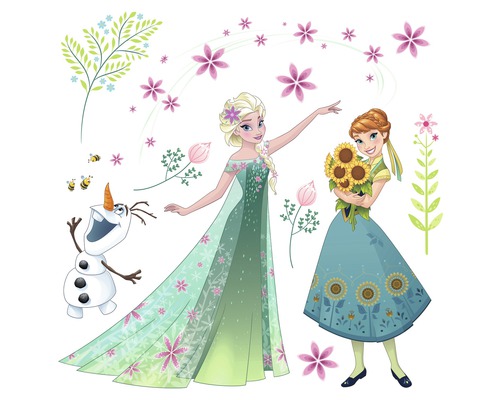 Frost-väggdekal med Elsa, Anna, Olof, blommor och blad