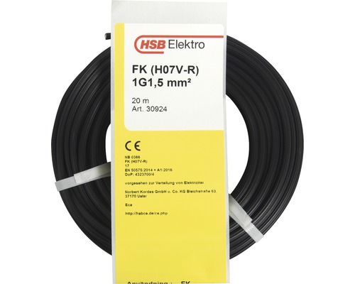 Installationskabel FK (H07 V-R), 1,5 mm², svart, 20 m HSB Elektro enkelledare kabel med 1G1,5 mm² tvärsnitt och 20 m längd