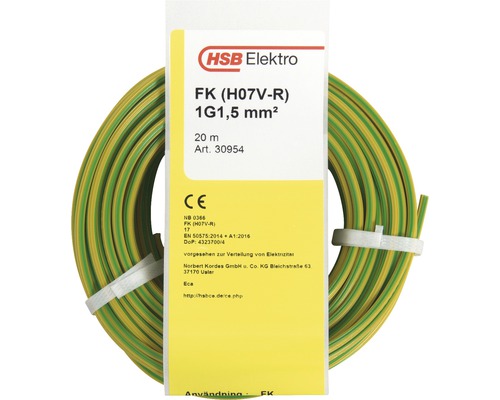 Installationskabel FK (H07 V-R), 1,5 mm², grön/gul, 20 m Jordkabel 1G1,5 mm² upprullad med etikett