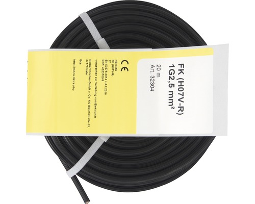 Installationskabel FK (H07 V-R), 2,5 mm², svart, 20 m Svart enkeltrådig ledning med 2,5 mm² tvärsnitt och 20 meters längd på rulle