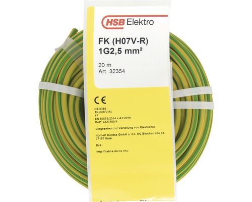 Installationskabel FK (H07 V-R), 2,5 mm², grön/gul, 20 m HSB Elektro ledare med 2,5 mm² tvärsnitt och 20 m längd
