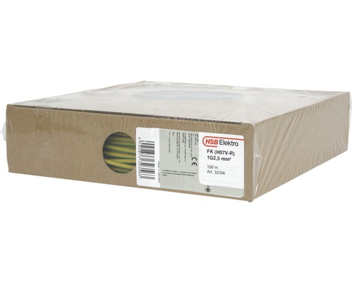 Installationskabel FK (H07 V-R), 2,5 mm², grön/gul, 100 m HSB Elektro FK (H07V-R) elkabel, 1G2,5 mm², 100 meters rulle i kartongförpackning