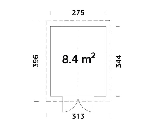 Ritningsskiss med måtten 275 x 396 cm och en yta på 8,4 kvadratmeter