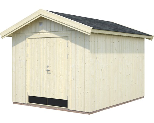 Trädgårdshus i trä med sadeltak och dörr