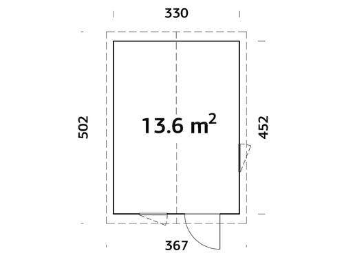 Ritning med dimensioner för trädgårdshus, 13.6 kvadratmeter
