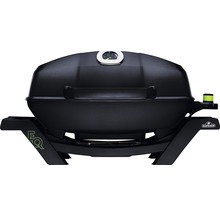 Svart gasolgrill med termometer i locket och Napoleon-logotyp