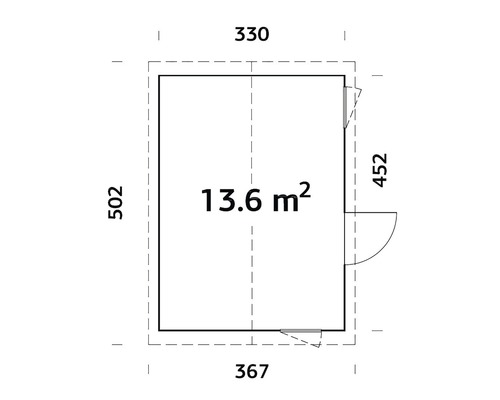 Planritning med dimensioner: 502 x 330 x 367 x 452 cm, yta 13.6 kvadratmeter