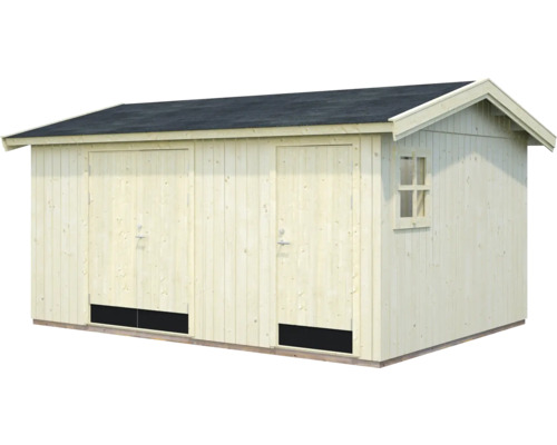 Trädgårdshus i trä med två dörrar och ett fönster