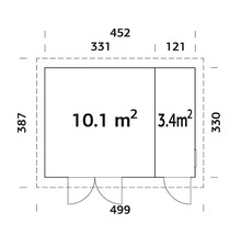 Ritning av ett trädgårdshus med mått