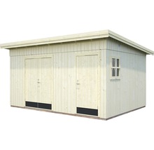 Trädgårdshus i trä med två dörrar och ett fönster