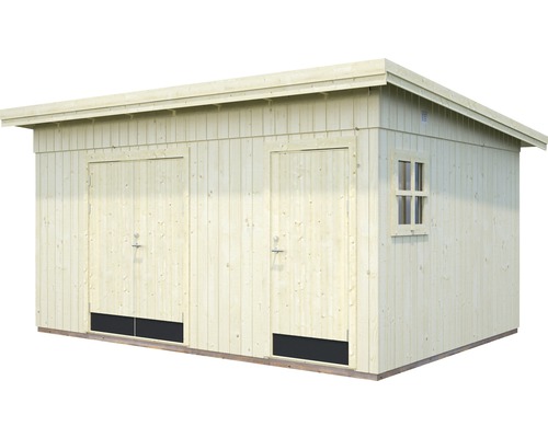 Trädgårdshus i trä med två dörrar och ett fönster