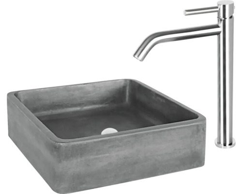 Fyrkantig tvättställ av betong med armatur