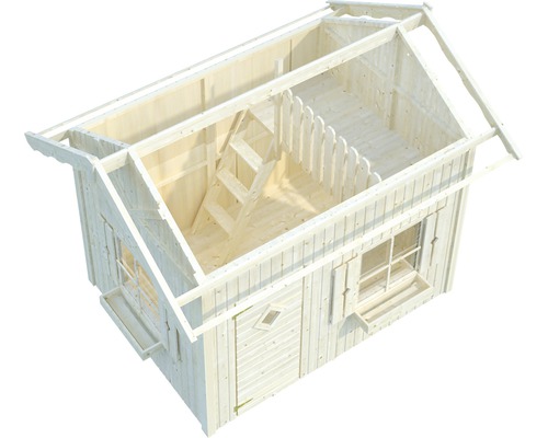 Ljust trähus i grov konstruktion med fönster, dörr och stege