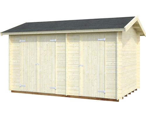 Trädgårdshus i trä med dubbeldörr och sadeltak