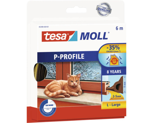 Tätningslist TESA Dörr/fönster P-profil brun 6mx9x5,5mm Tesa Moll tätningslist P-profil för fönstertätning, längd 6 meter