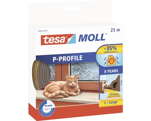 Tätningslist TESA Dörr/fönster P-list brun 25mx9x5,5mm Tesa Moll P-profil tätningsförpackning, 25 meter