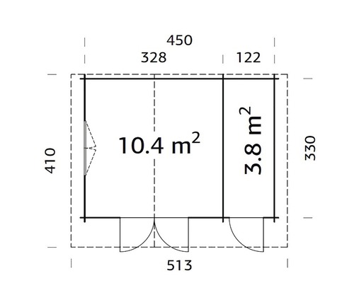 Planritning över ett trädgårdshus med måtten 450 gånger 330 centimeter.