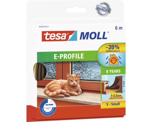 Tätningslist TESA Dörr/fönster E-profil brun 6mx9x4mm Tesa Moll E-profiltätning, lämplig för fönster och dörrar
