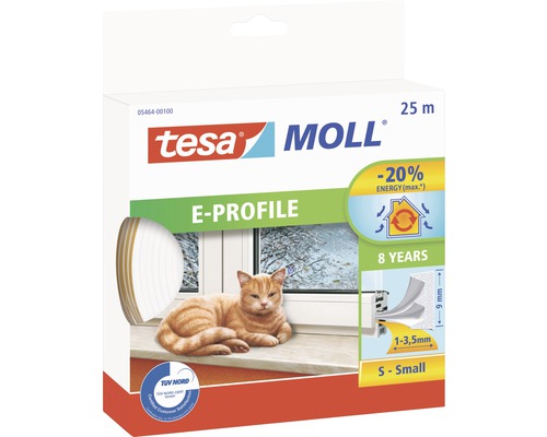 Tätninglist TESA Dörr/fönster E-list vit 25mx9mmx4mm Tesa Moll E-profil Tätning för fönster och dörrar, 25 meter