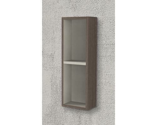 Hög vägghylla med ett fack för förvaring.