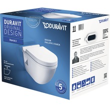 Förpackning av en Duravit Starck 3 vägghängd toalett med automatisk sits.