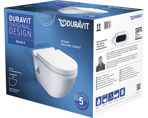 Förpackning av en Duravit Starck 3 vägghängd toalett med automatisk sits.