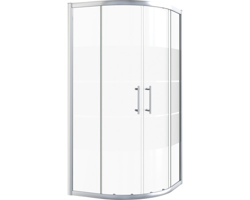 Halvrund duschkabin med två glasdörrar och handtag