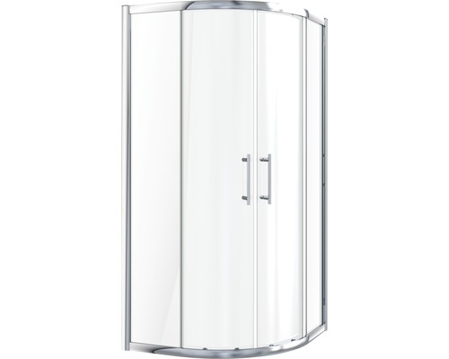 Rund duschkabin med glasdörrar och metallram